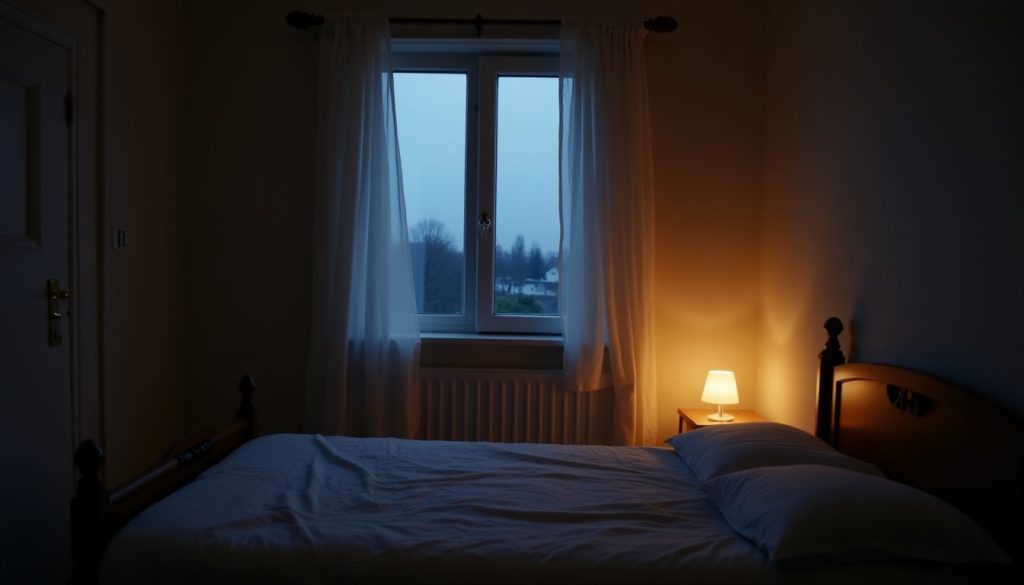 Bedroom at night with an open window
