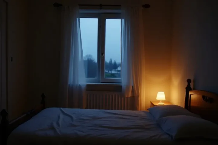 Bedroom at night with an open window