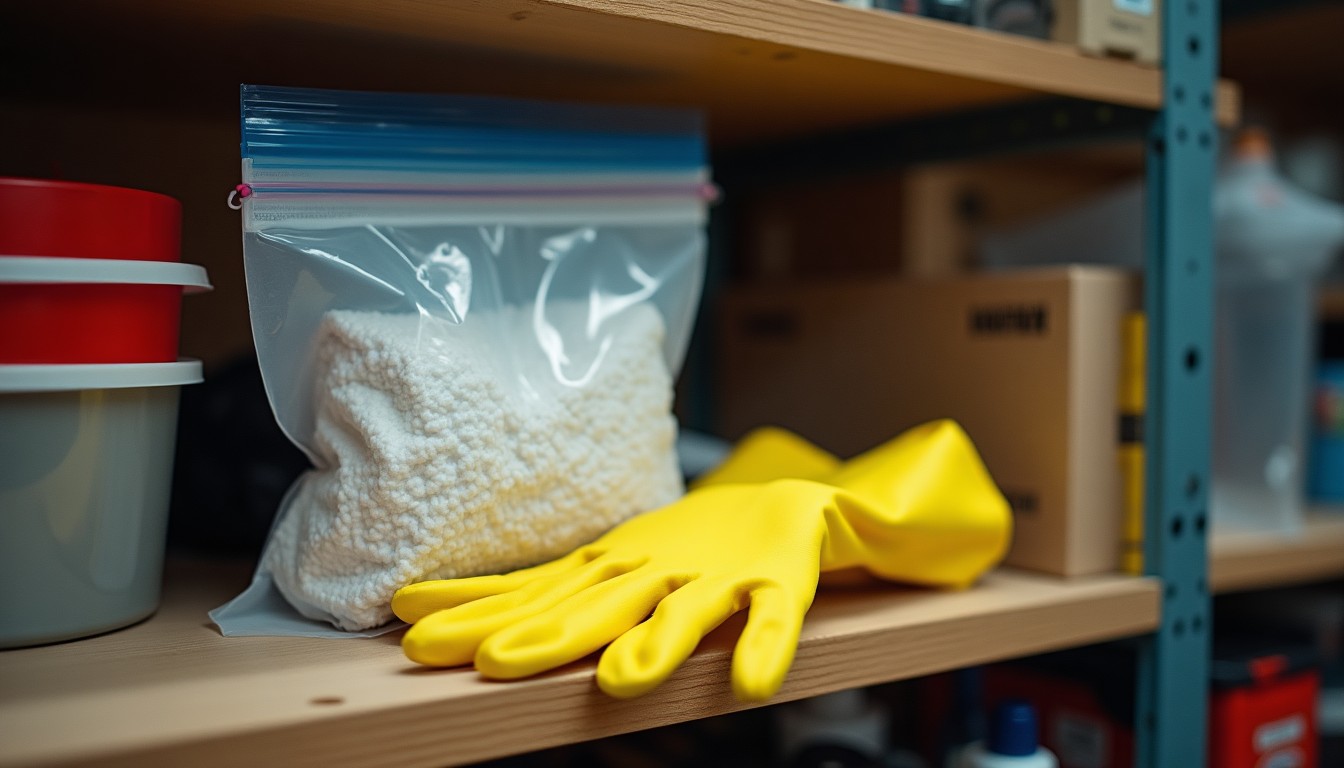 Rubber gloves and a sealable bag on a shelf