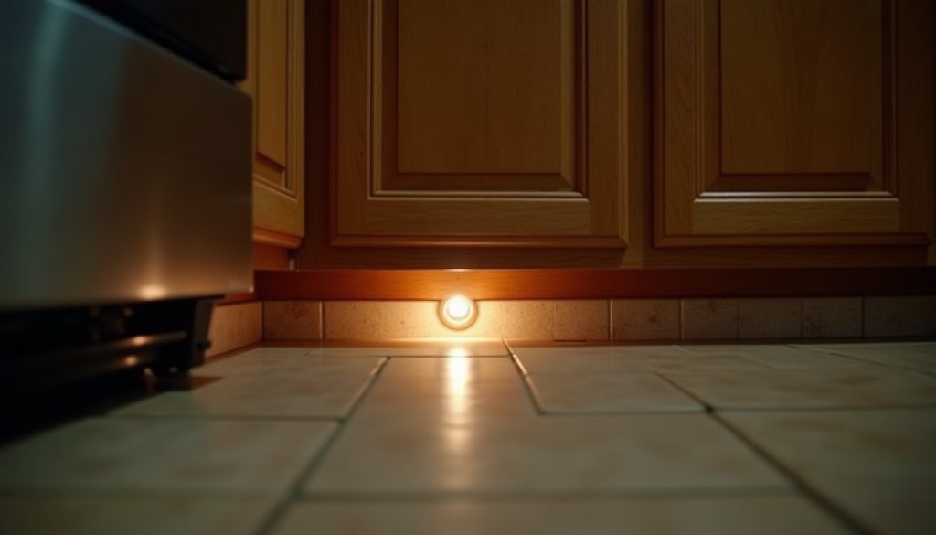 Flashlight on the gap under kitchen cabinets at night