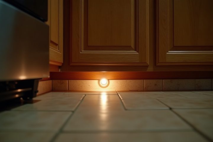 Flashlight on the gap under kitchen cabinets at night