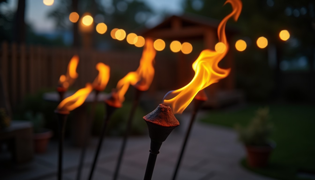Garden torches burning around a patio