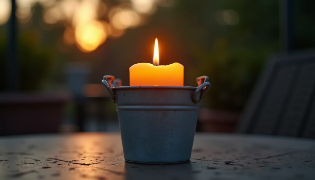 Citronella candle burning on a patio table at dusk