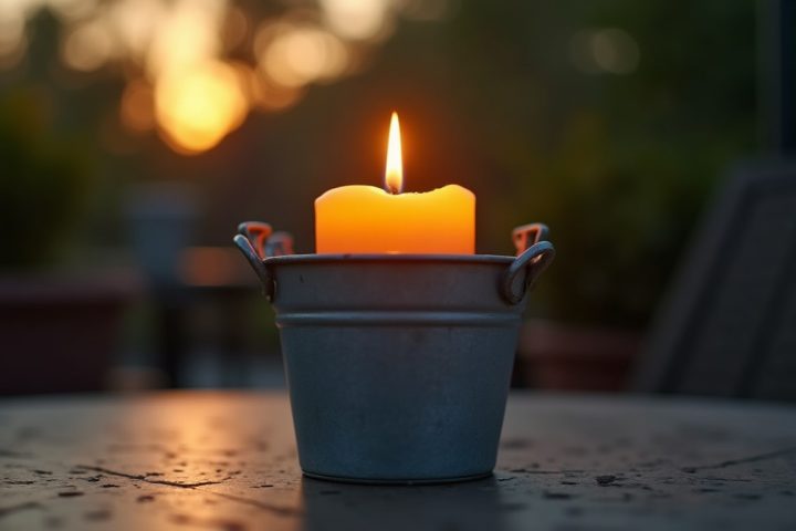 Citronella candle burning on a patio table at dusk