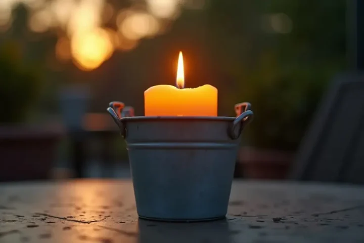 Citronella candle burning on a patio table at dusk
