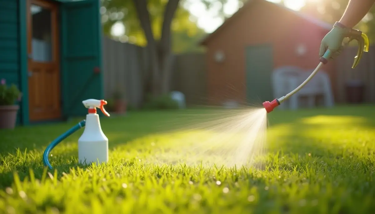 Hose-end sprayer on shaded lawn by a shed