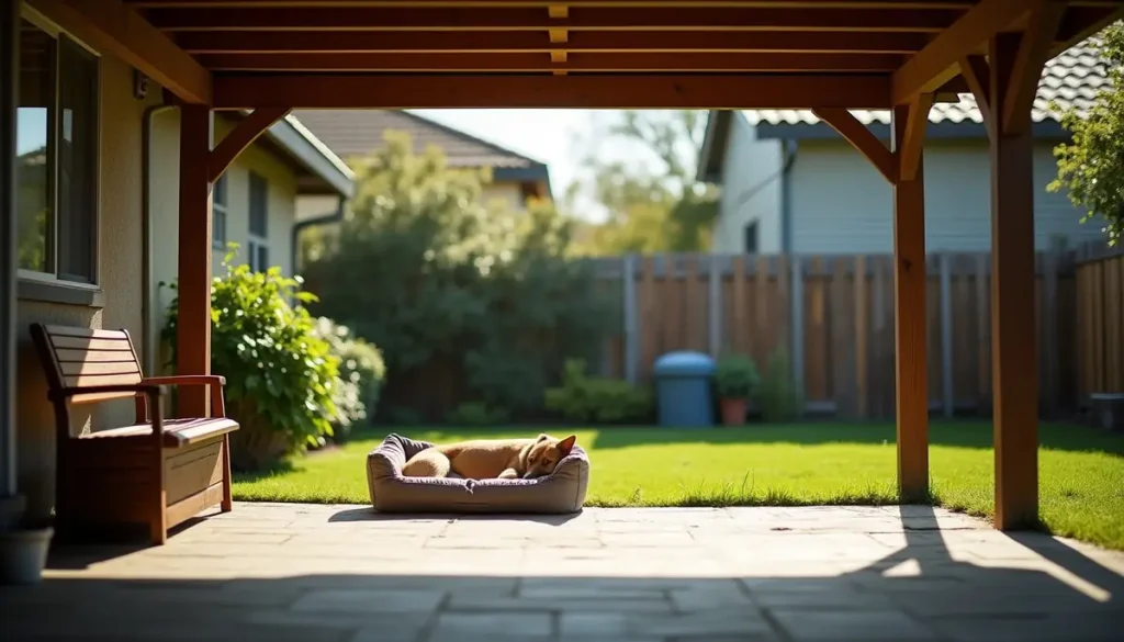 Shaded area under a deck with a dog bed