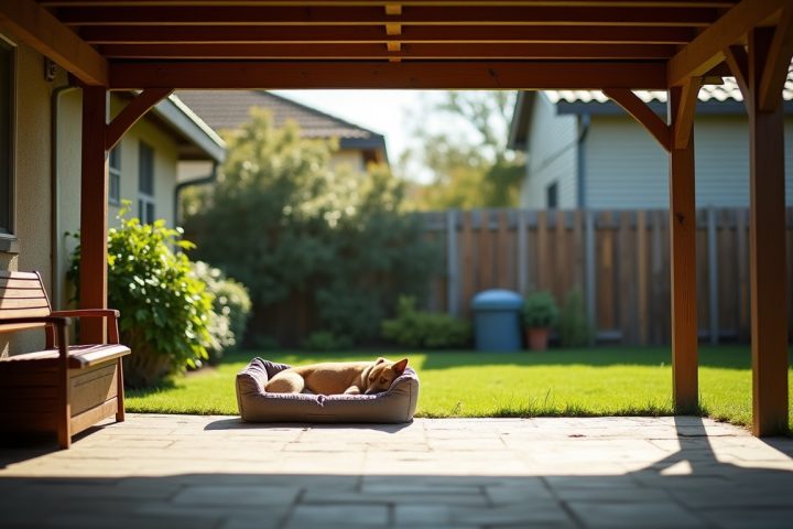 Shaded area under a deck with a dog bed