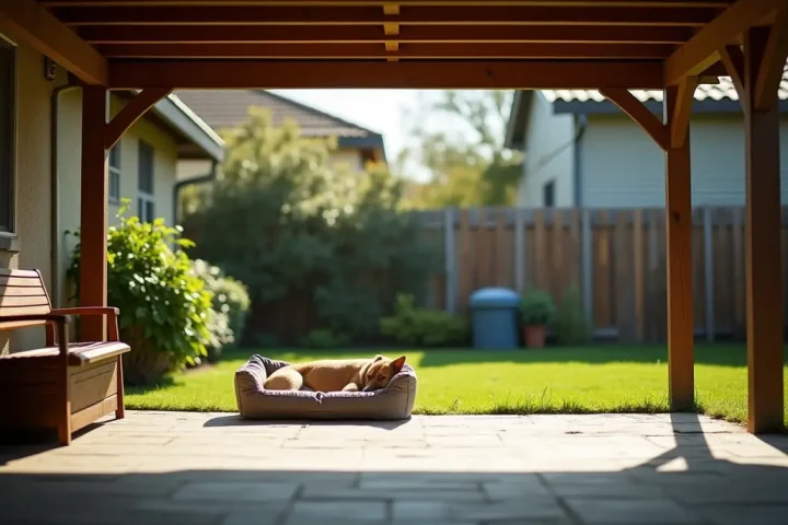 Shaded area under a deck with a dog bed