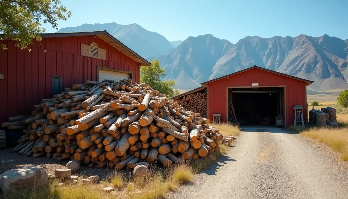 Woodpile beside a garage with mountains behind