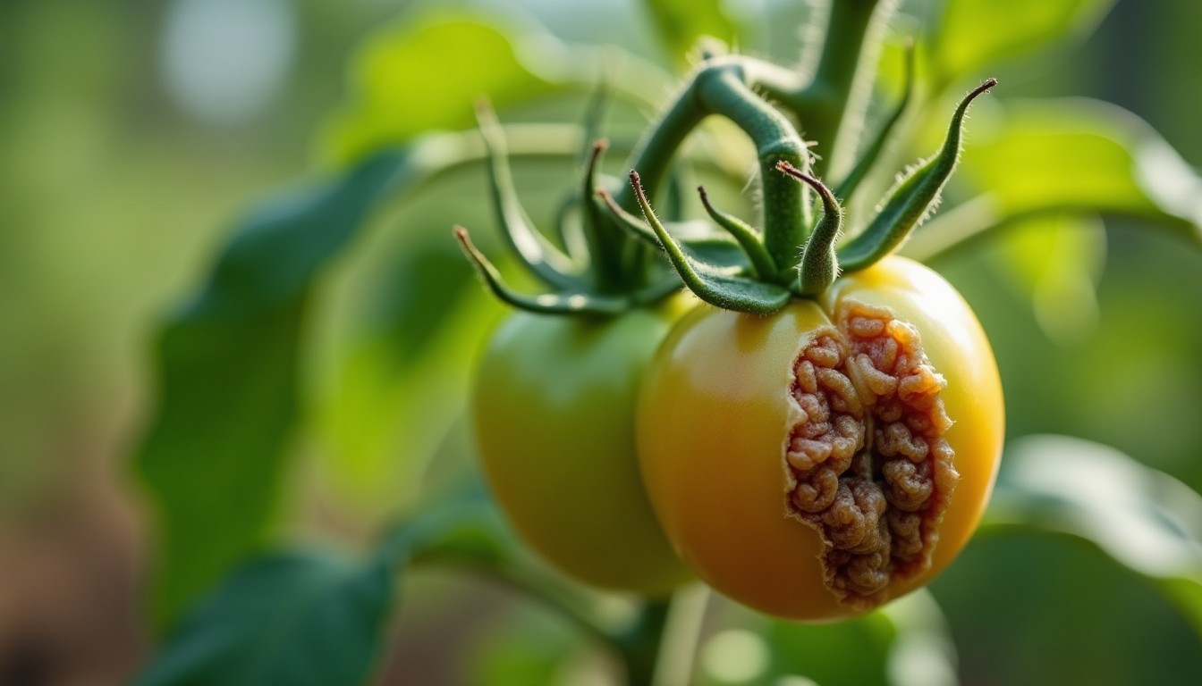 Green tomato with a large chewed hole