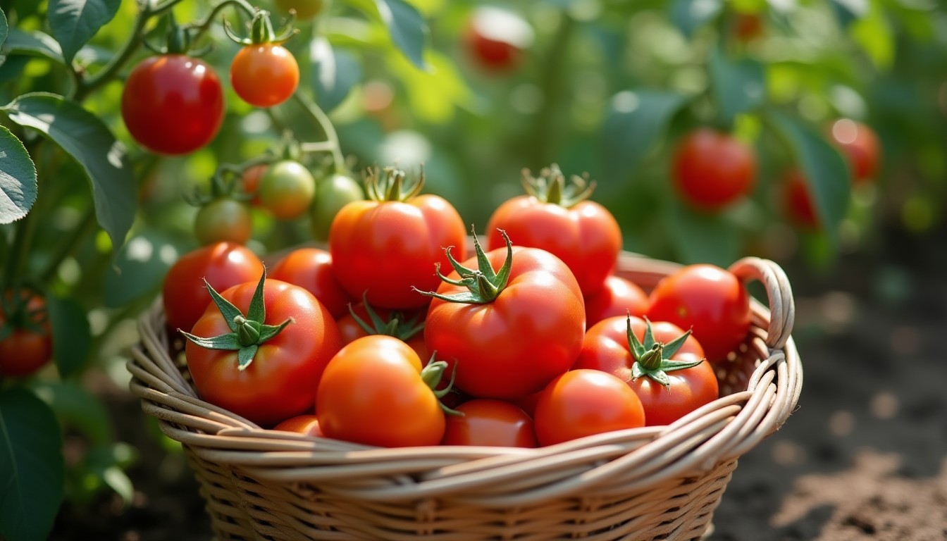 Basket of ripe tomatoes beside healthy plants