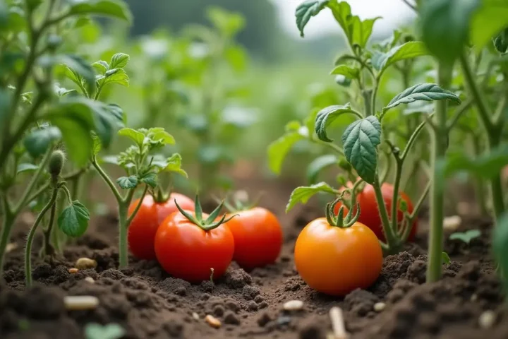 Tomato plants with stripped leaves