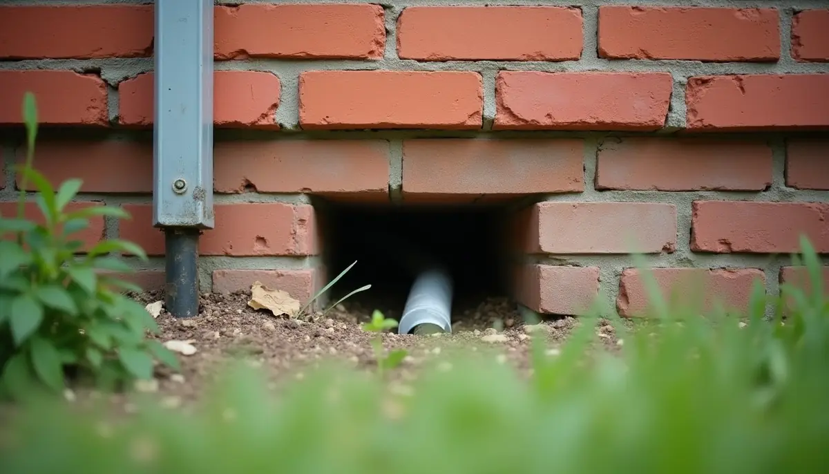 Gap at the base of a brick wall where a utility line enters