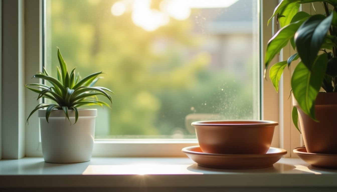 Plant saucer holding water on a windowsill