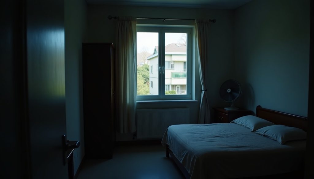 Bedroom at night with an open window and a fan