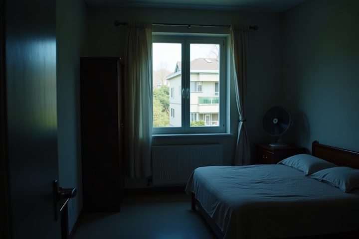 Bedroom at night with an open window and a fan