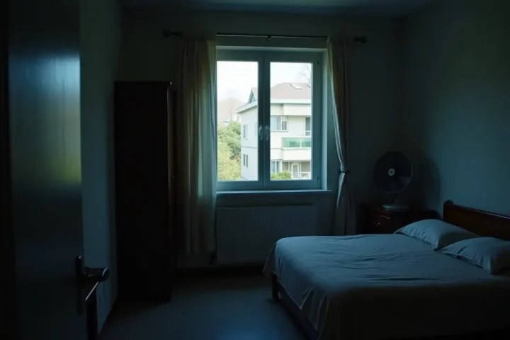 Bedroom at night with an open window and a fan