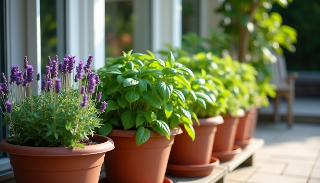 Pots of lavender, basil and lemongrass on a patio