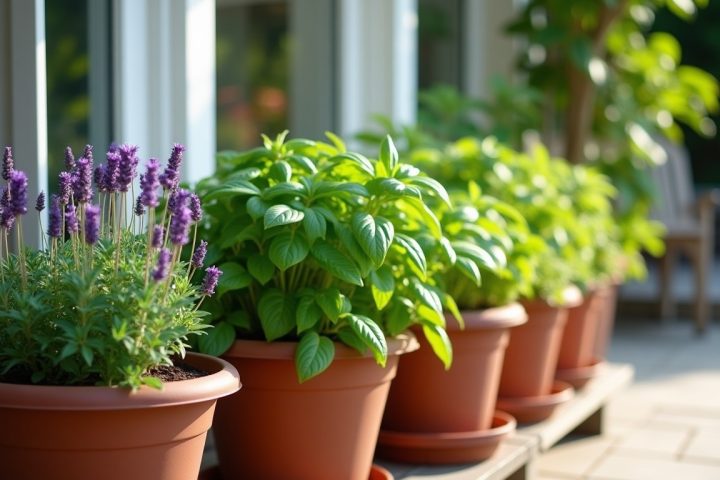 Pots of lavender, basil and lemongrass on a patio