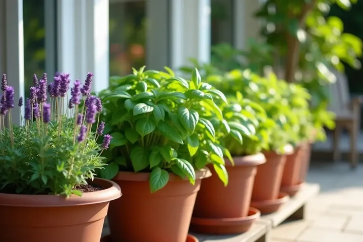 Pots of lavender, basil and lemongrass on a patio