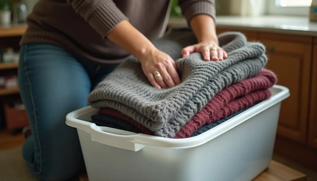 Wool sweaters going into an airtight box