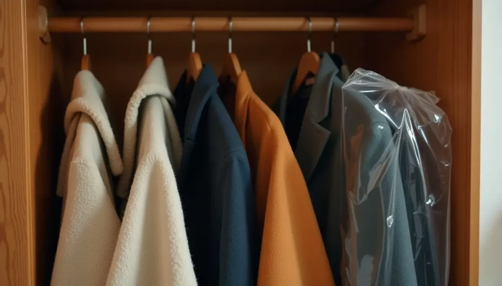 Cedar wardrobe with wool coats and a garment bag