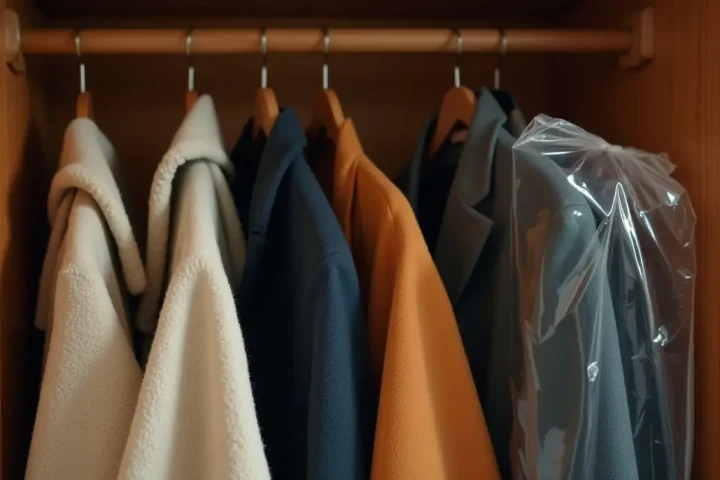 Cedar wardrobe with wool coats and a garment bag