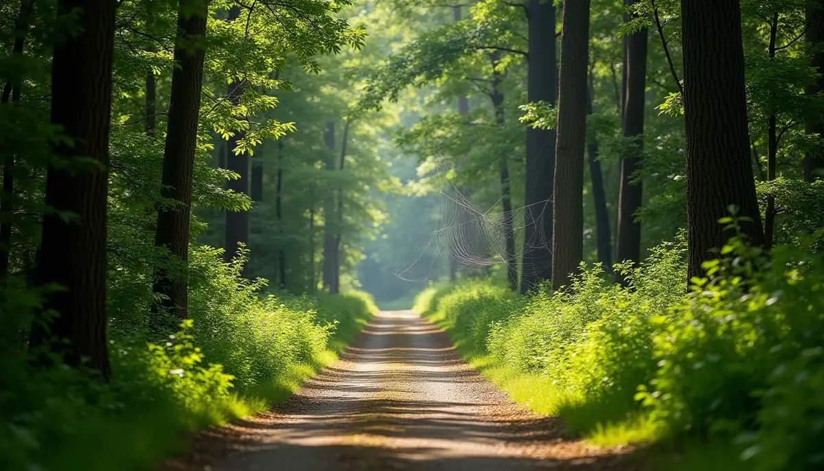 Wooded trail with webs across the path