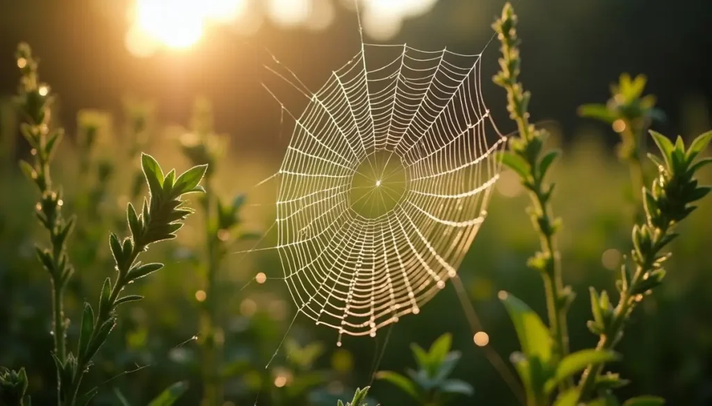 Large round web with dew between garden plants