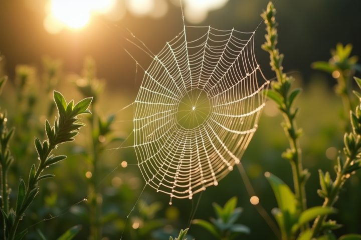 Large round web with dew between garden plants