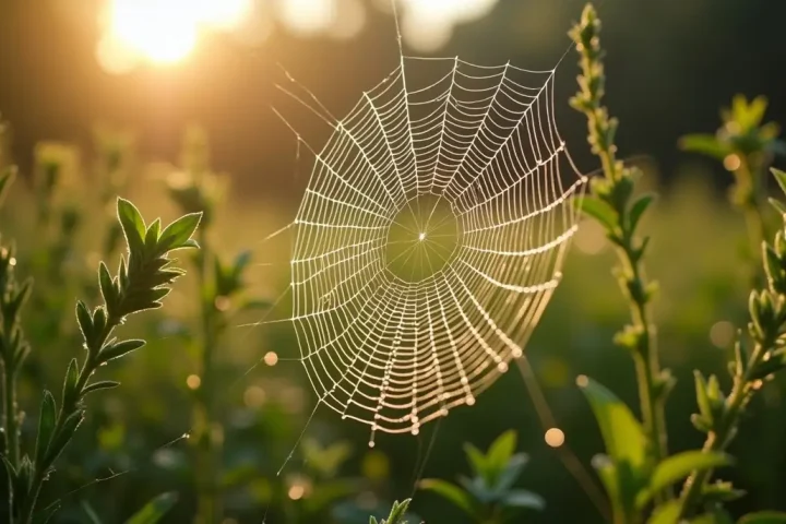 Large round web with dew between garden plants