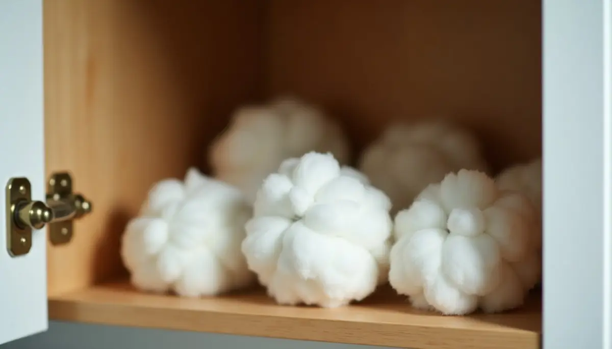 Cotton balls in the corner of a kitchen cupboard