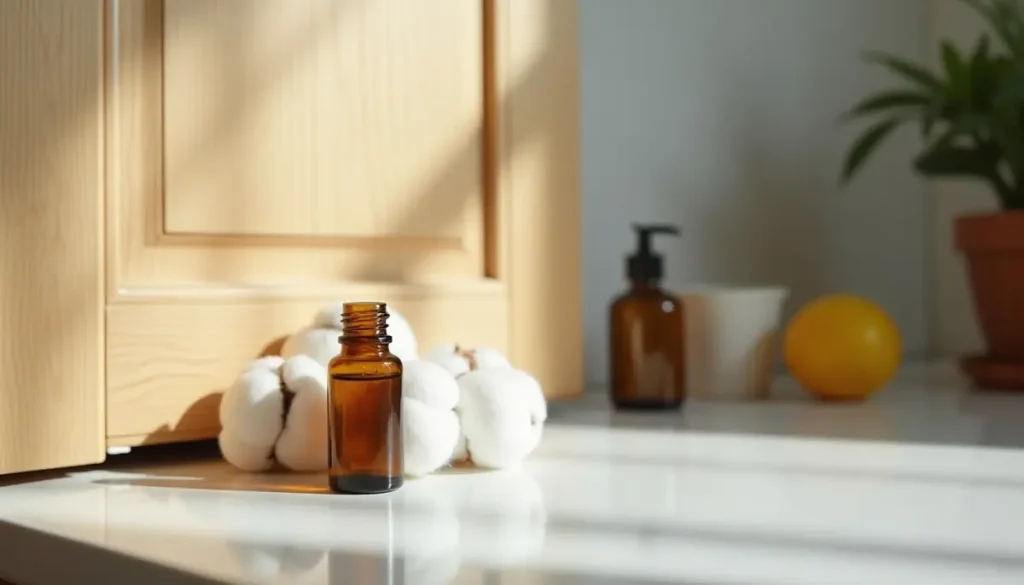 Essential oil bottle and cotton balls on a kitchen counter