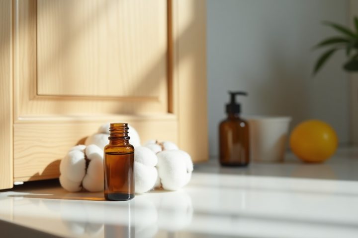 Essential oil bottle and cotton balls on a kitchen counter