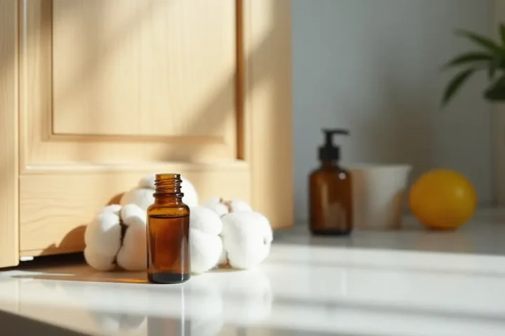 Essential oil bottle and cotton balls on a kitchen counter