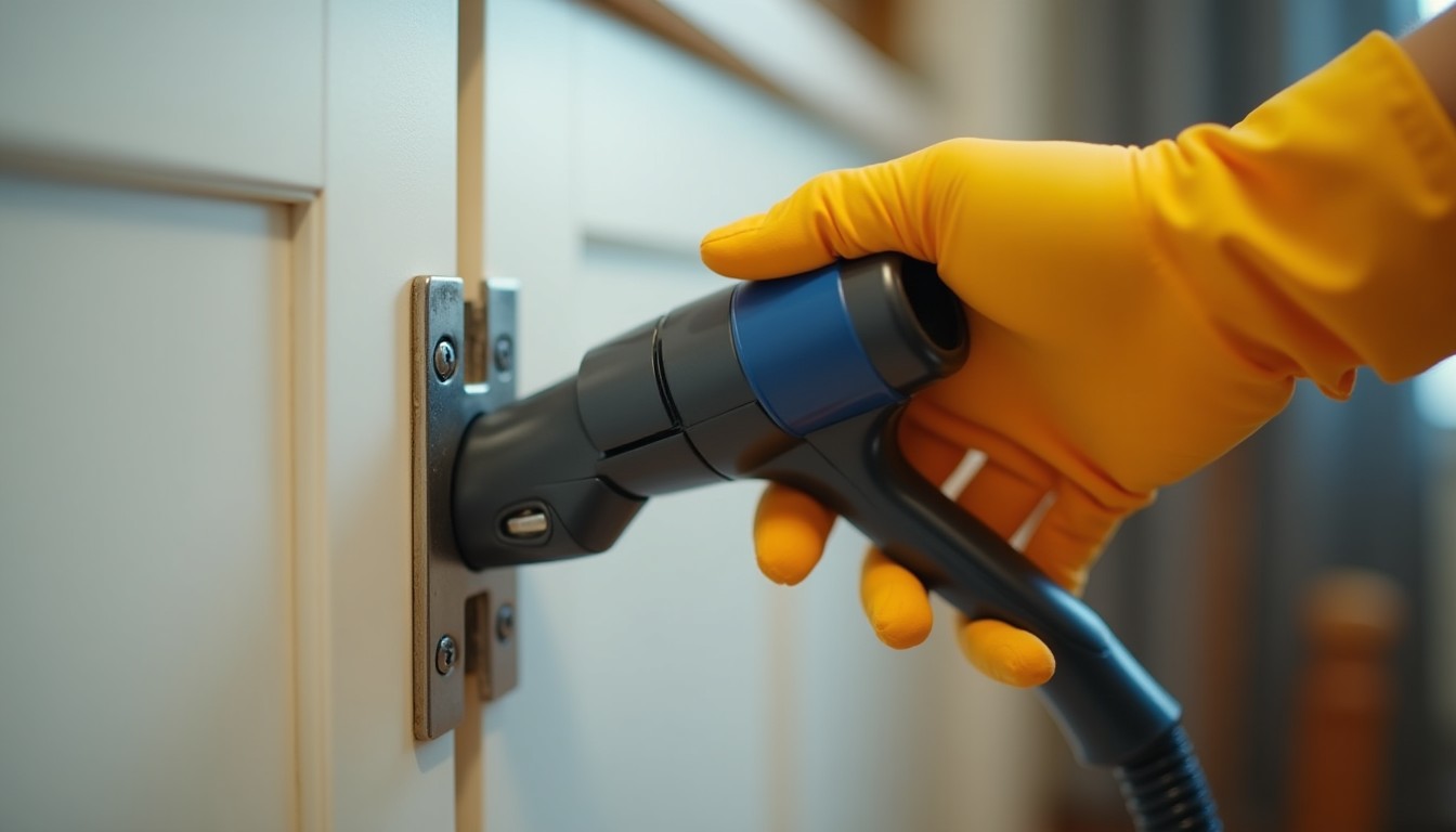 Vacuum nozzle near a cabinet hinge