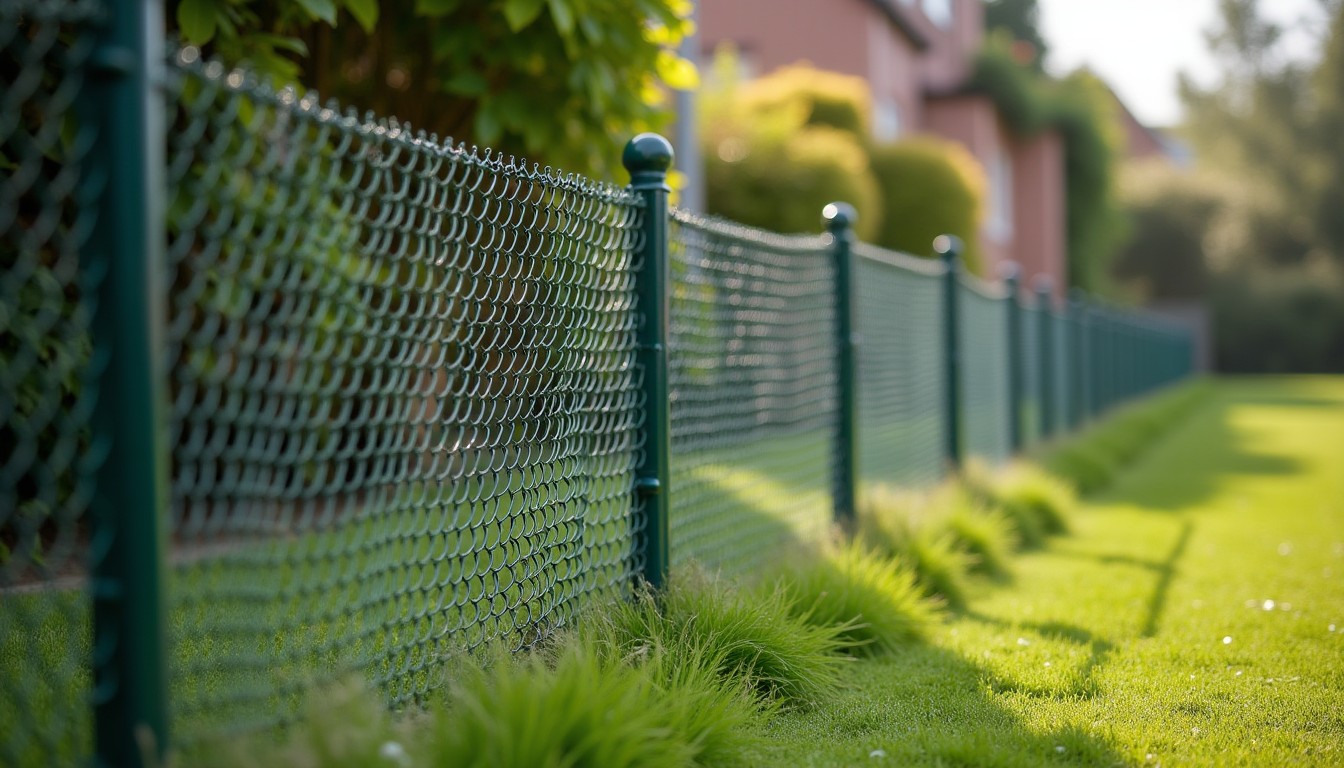 Chain-link fence along a garden lawn