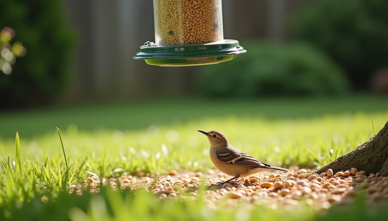 Bird seed scattered under a feeder