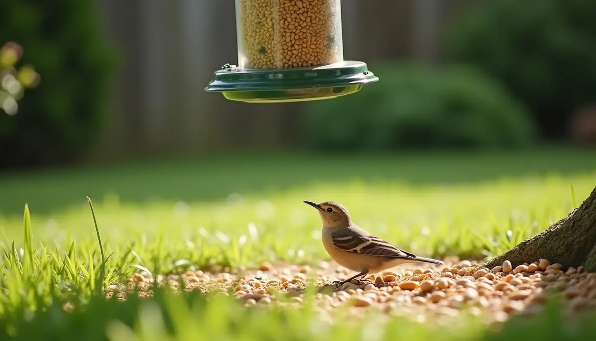 Bird seed scattered under a feeder