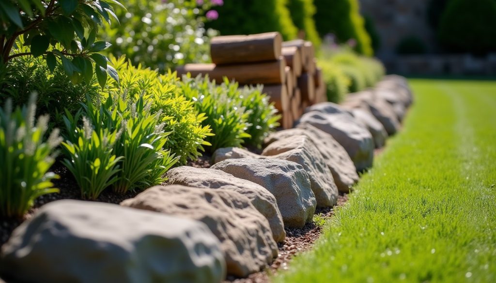 Rocky garden border and woodpile beside a lawn