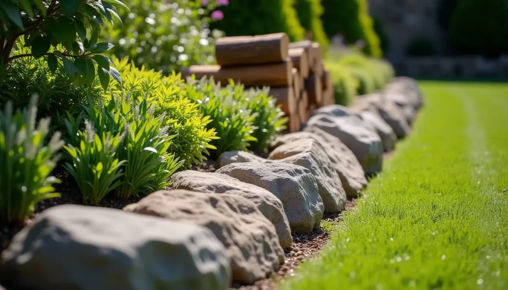 Rocky garden border and woodpile beside a lawn