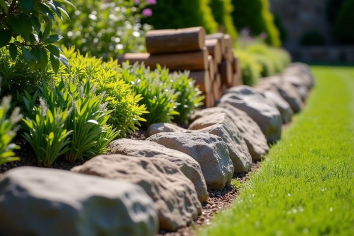Rocky garden border and woodpile beside a lawn
