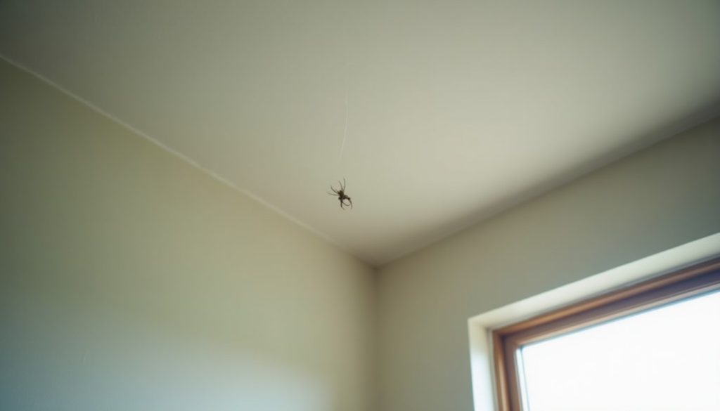 Ceiling corner with a small cobweb near a window