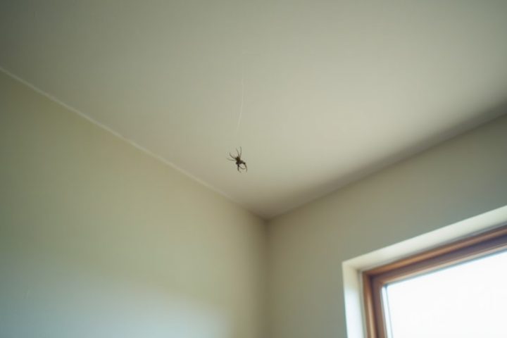 Ceiling corner with a small cobweb near a window