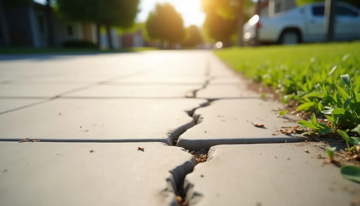 Crack in a pavement beside a lawn edge