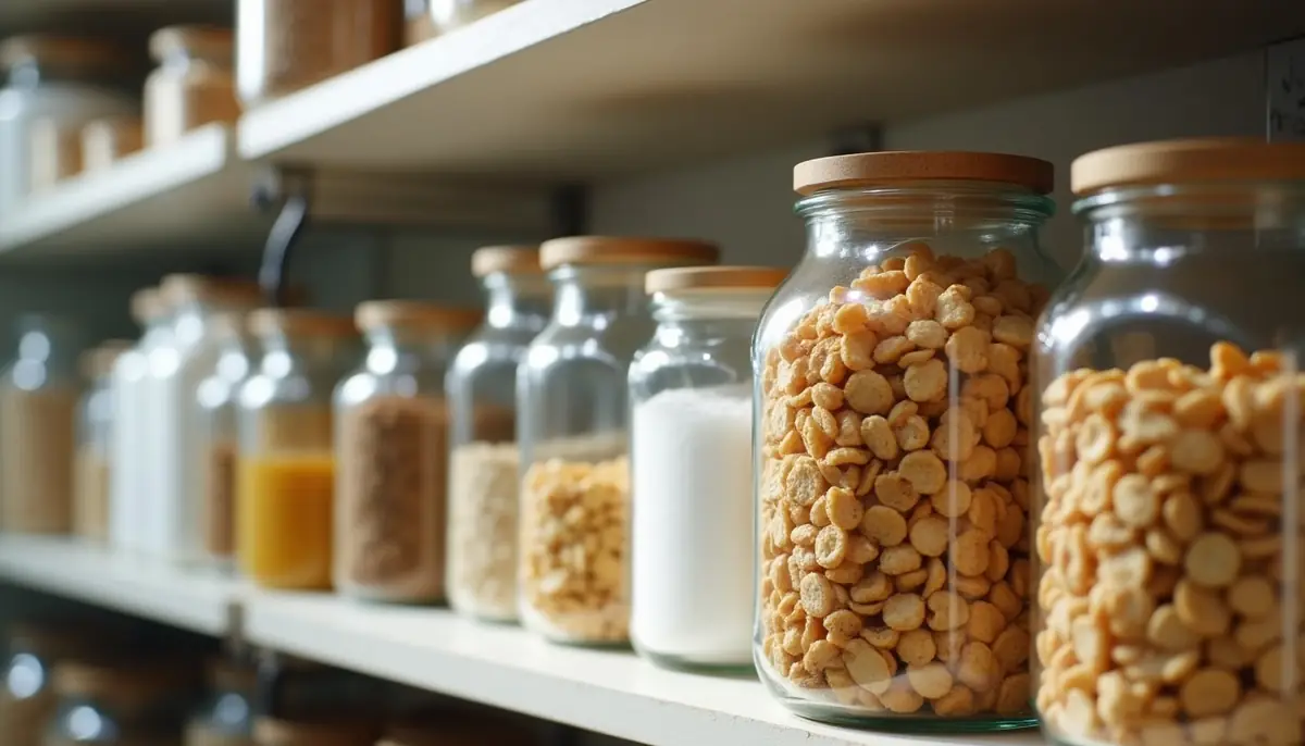 Airtight jars of sugar and cereal on a shelf