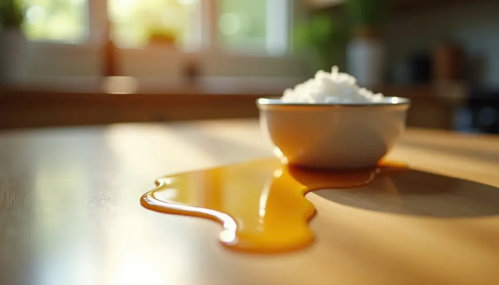 Honey spill beside a sugar bowl on a counter