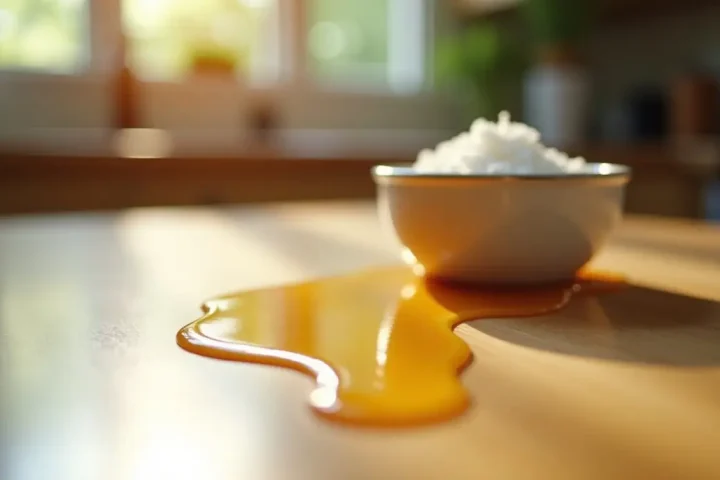Honey spill beside a sugar bowl on a counter