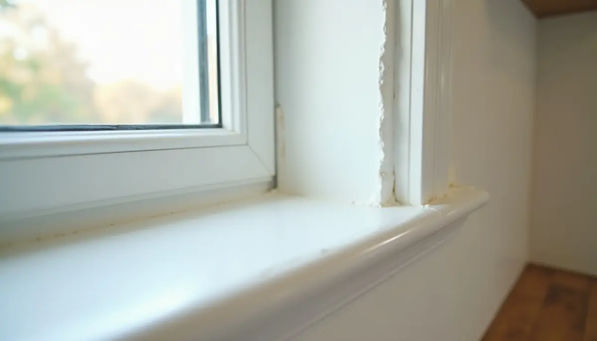 Fresh caulk along a kitchen window frame